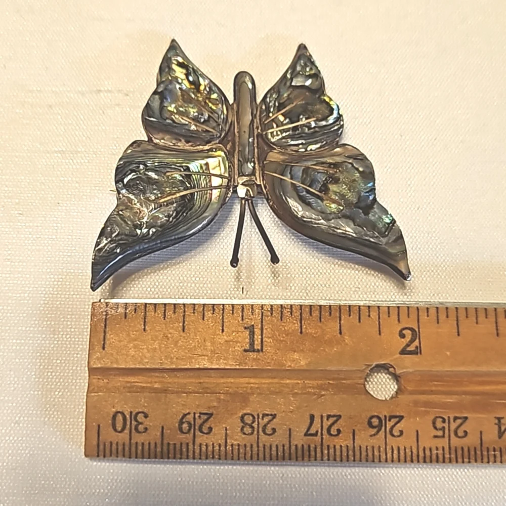 Vintage 1950's Abalone Inlay Butterfly Pin Sterling Silver Taxco Mexico